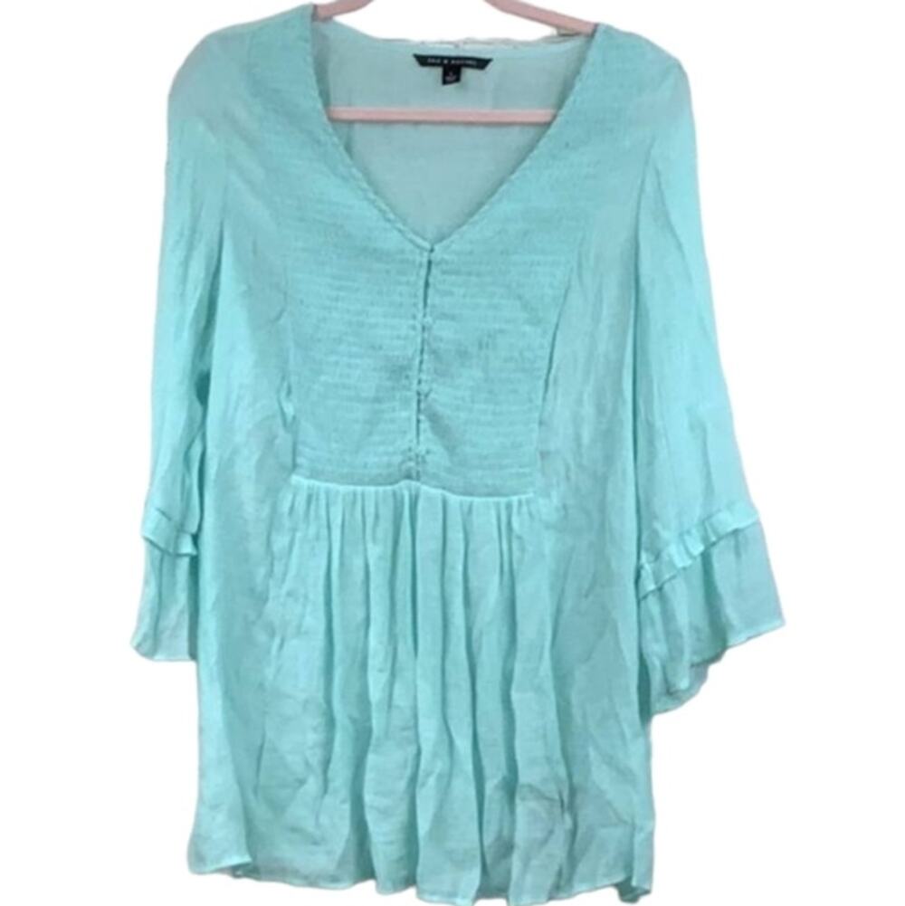 Zac & Rachel Top Blouse Women's Size XL Blue Boho Sheer Button Up Flare Sleeve
